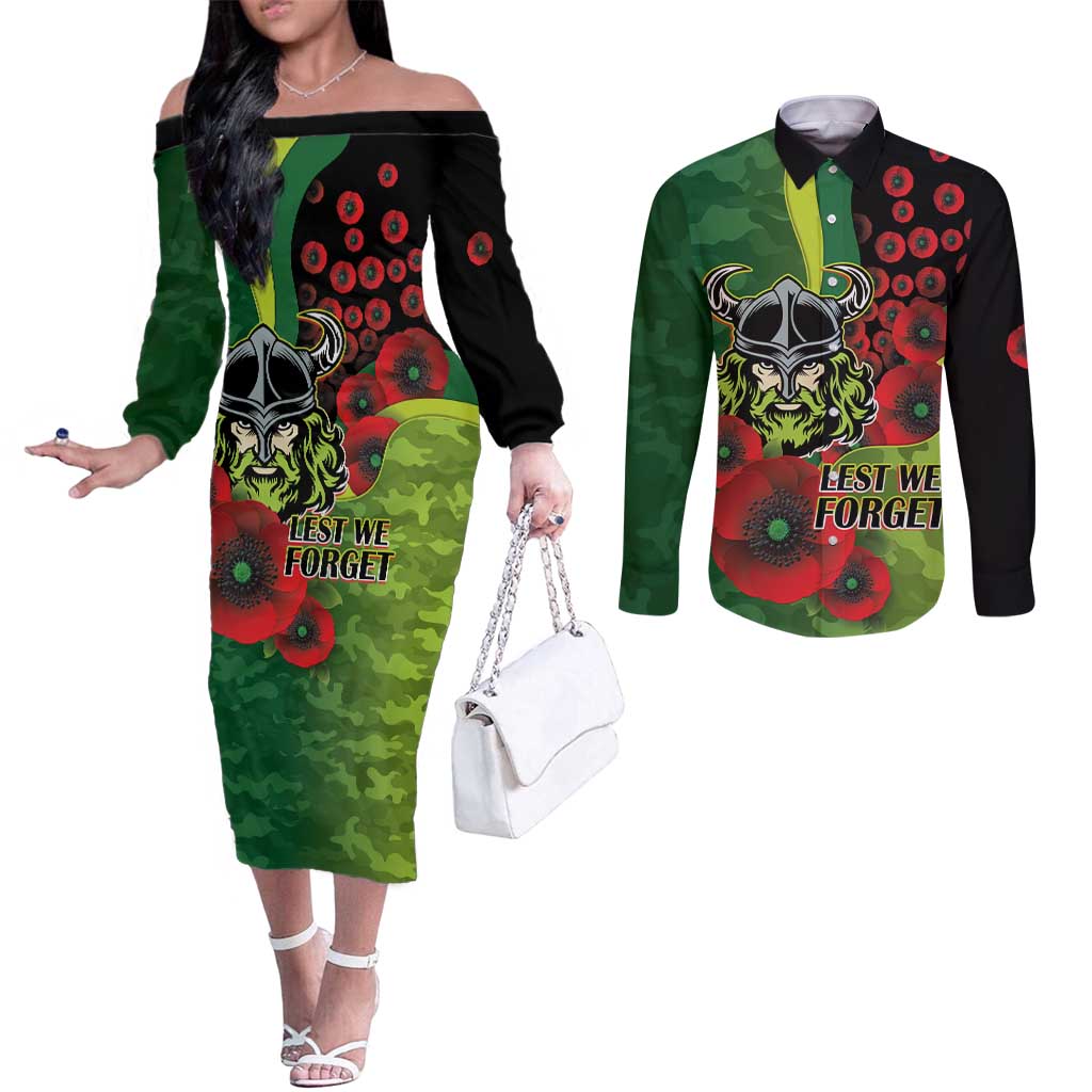 Canberra Raiders ANZAC Personalised Couples Matching Off The Shoulder Long Sleeve Dress and Long Sleeve Button Shirt Lest We Forget Poppy Camo