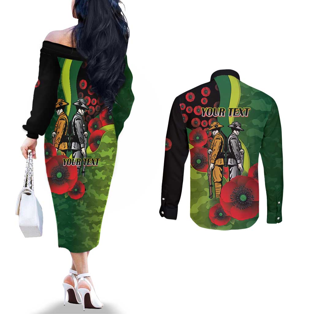 Canberra Raiders ANZAC Personalised Couples Matching Off The Shoulder Long Sleeve Dress and Long Sleeve Button Shirt Lest We Forget Poppy Camo