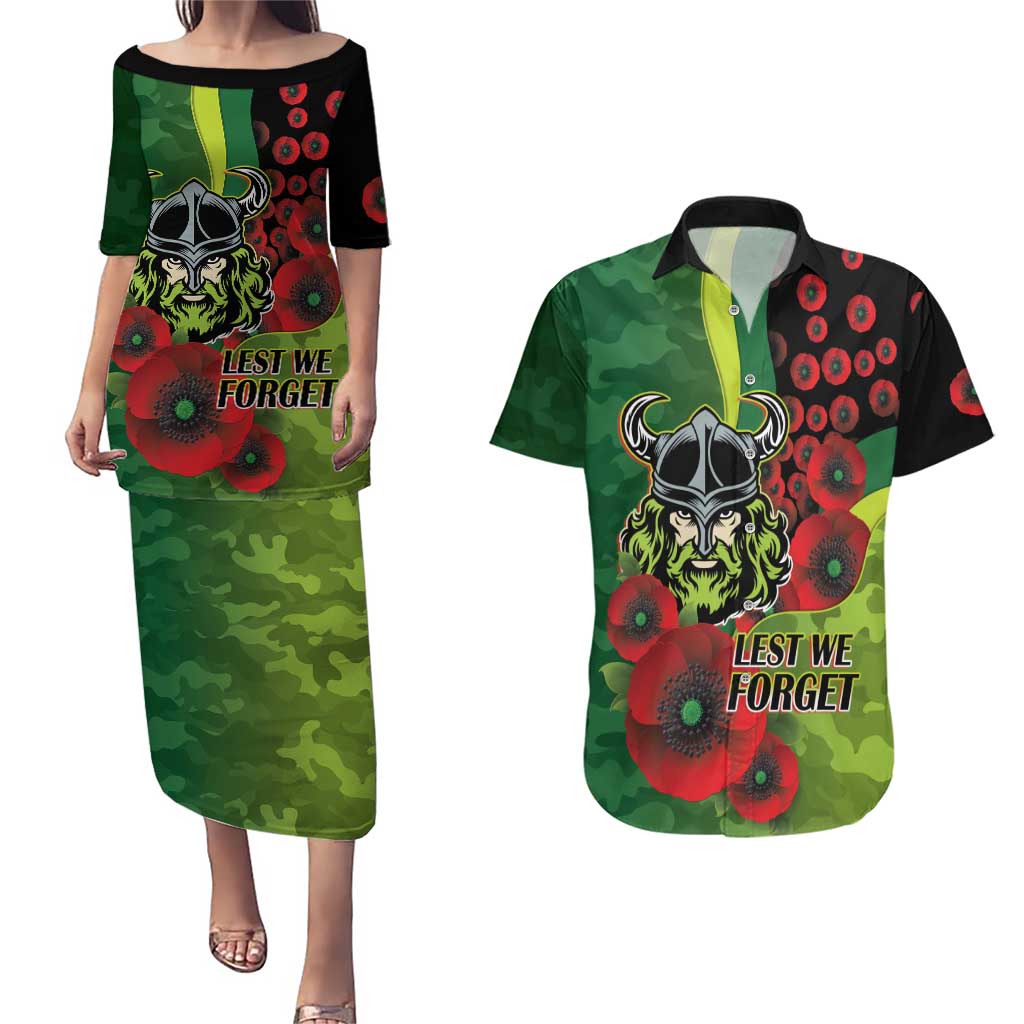 Canberra Raiders ANZAC Personalised Couples Matching Puletasi and Hawaiian Shirt Lest We Forget Poppy Camo