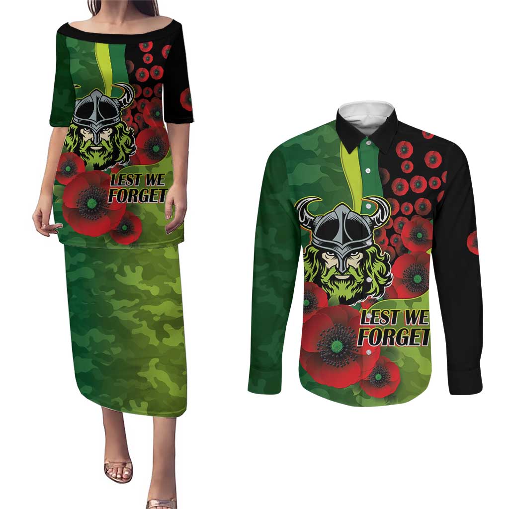 Canberra Raiders ANZAC Personalised Couples Matching Puletasi and Long Sleeve Button Shirt Lest We Forget Poppy Camo