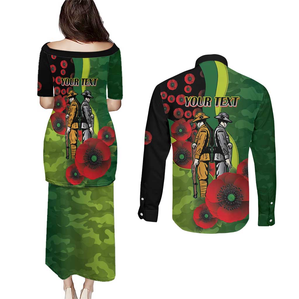 Canberra Raiders ANZAC Personalised Couples Matching Puletasi and Long Sleeve Button Shirt Lest We Forget Poppy Camo