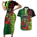 Canberra Raiders ANZAC Personalised Couples Matching Short Sleeve Bodycon Dress and Hawaiian Shirt Lest We Forget Poppy Camo