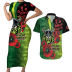 Canberra Raiders ANZAC Personalised Couples Matching Short Sleeve Bodycon Dress and Hawaiian Shirt Lest We Forget Poppy Camo