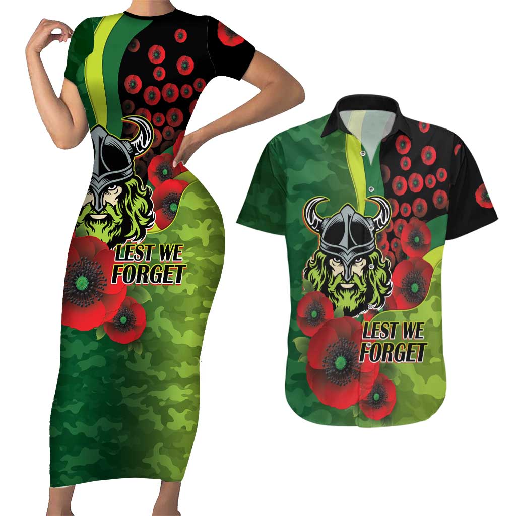 Canberra Raiders ANZAC Personalised Couples Matching Short Sleeve Bodycon Dress and Hawaiian Shirt Lest We Forget Poppy Camo