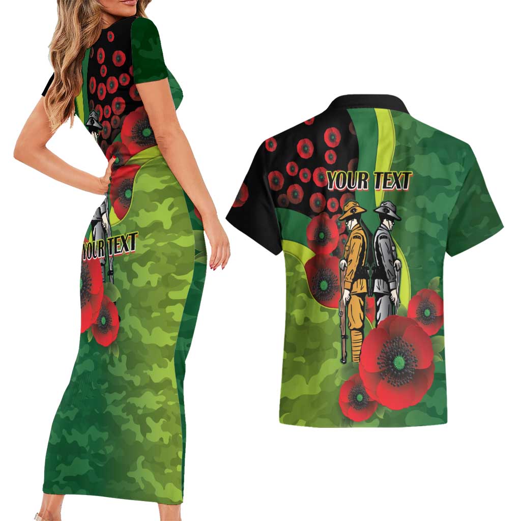 Canberra Raiders ANZAC Personalised Couples Matching Short Sleeve Bodycon Dress and Hawaiian Shirt Lest We Forget Poppy Camo