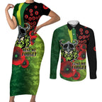 Canberra Raiders ANZAC Personalised Couples Matching Short Sleeve Bodycon Dress and Long Sleeve Button Shirt Lest We Forget Poppy Camo