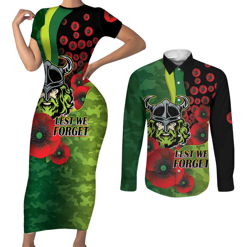 Canberra Raiders ANZAC Personalised Couples Matching Short Sleeve Bodycon Dress and Long Sleeve Button Shirt Lest We Forget Poppy Camo