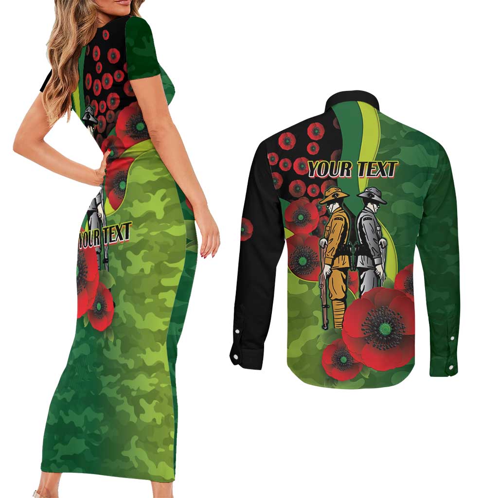 Canberra Raiders ANZAC Personalised Couples Matching Short Sleeve Bodycon Dress and Long Sleeve Button Shirt Lest We Forget Poppy Camo
