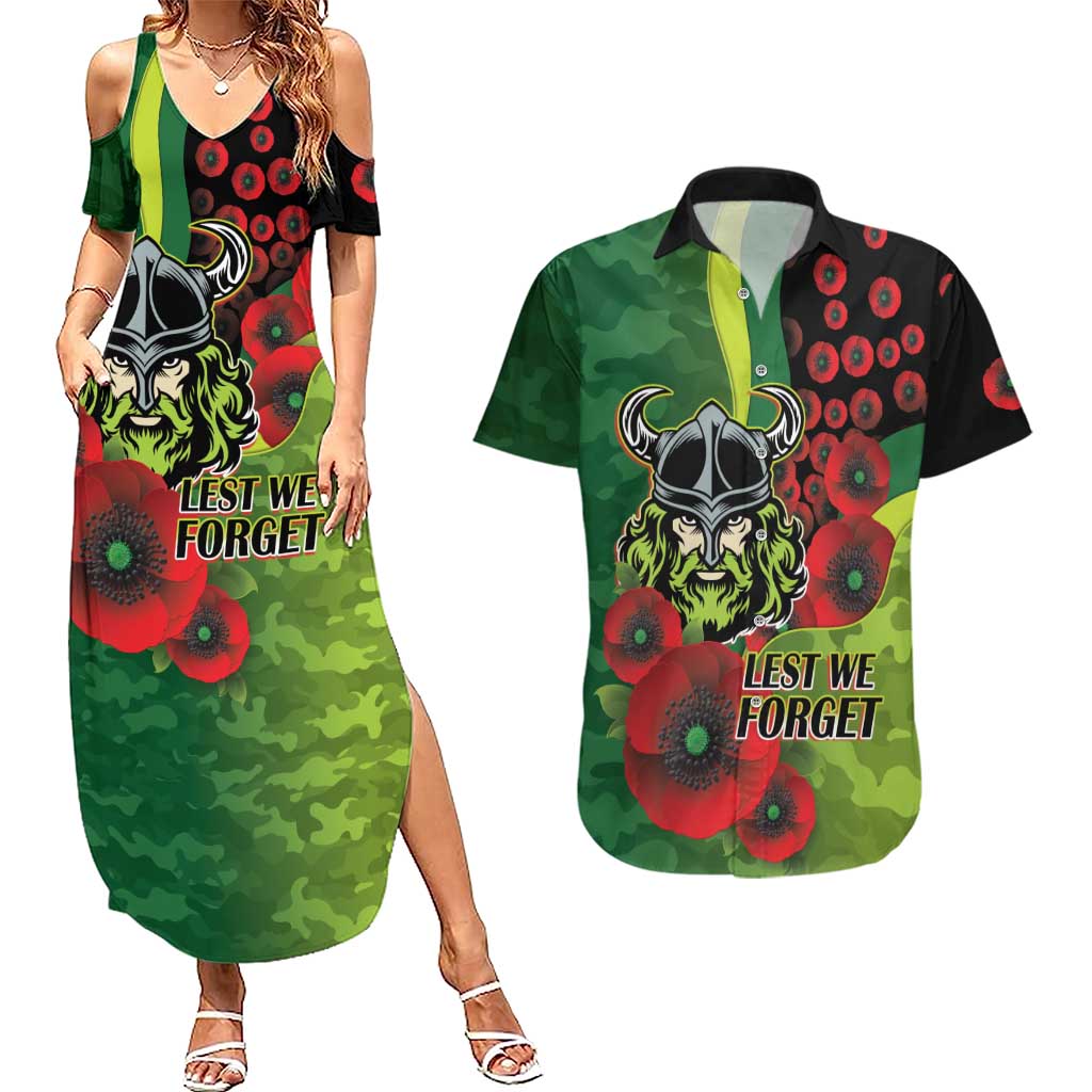 Canberra Raiders ANZAC Personalised Couples Matching Summer Maxi Dress and Hawaiian Shirt Lest We Forget Poppy Camo