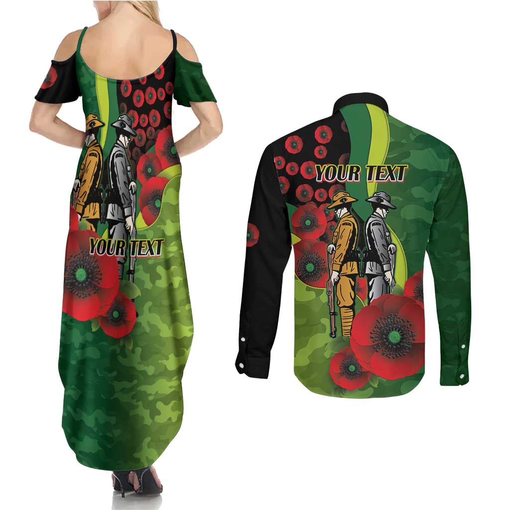 Canberra Raiders ANZAC Personalised Couples Matching Summer Maxi Dress and Long Sleeve Button Shirt Lest We Forget Poppy Camo