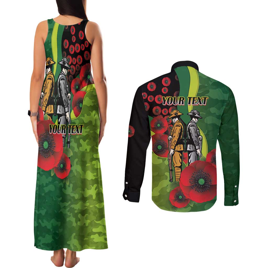 Canberra Raiders ANZAC Personalised Couples Matching Tank Maxi Dress and Long Sleeve Button Shirt Lest We Forget Poppy Camo