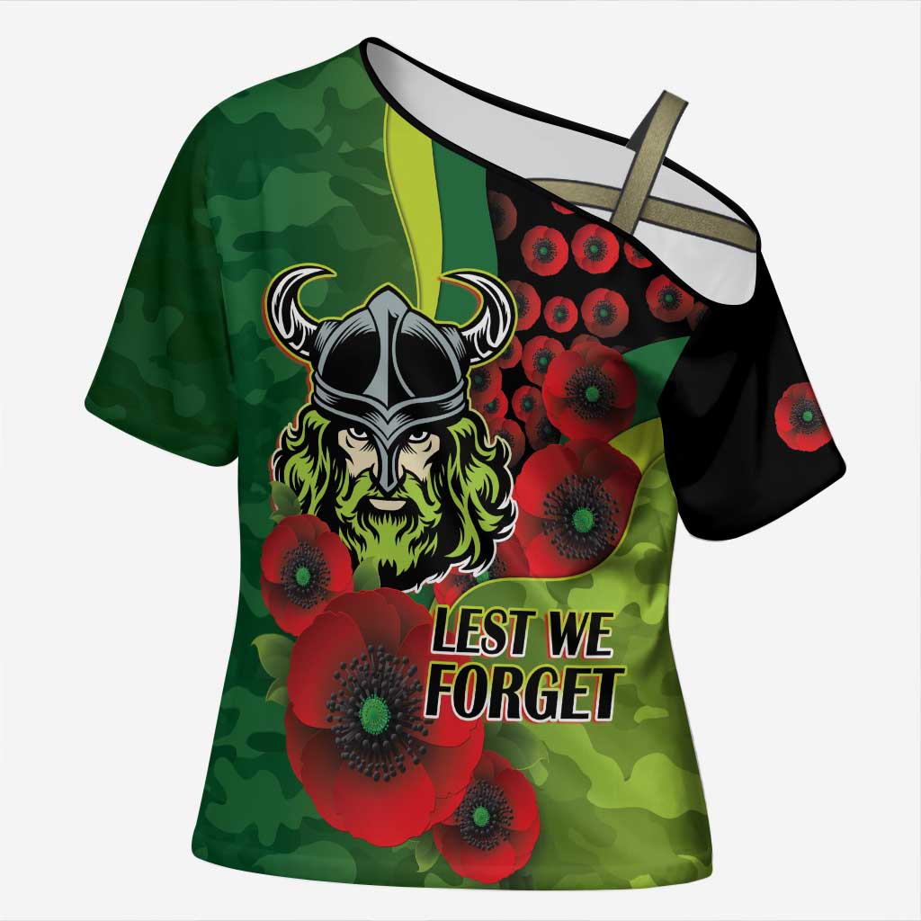 Canberra Raiders ANZAC Personalised Cross Shoulder Shirt Lest We Forget Poppy Camo