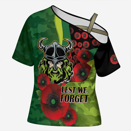 Canberra Raiders ANZAC Personalised Cross Shoulder Shirt Lest We Forget Poppy Camo