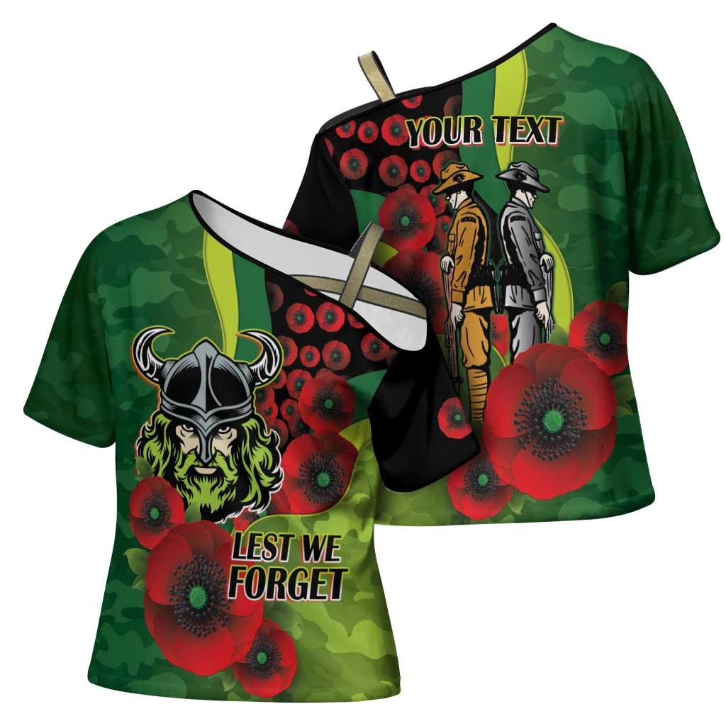 Canberra Raiders ANZAC Personalised Cross Shoulder Shirt Lest We Forget Poppy Camo
