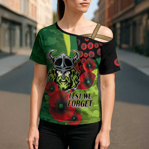 Canberra Raiders ANZAC Personalised Cross Shoulder Shirt Lest We Forget Poppy Camo