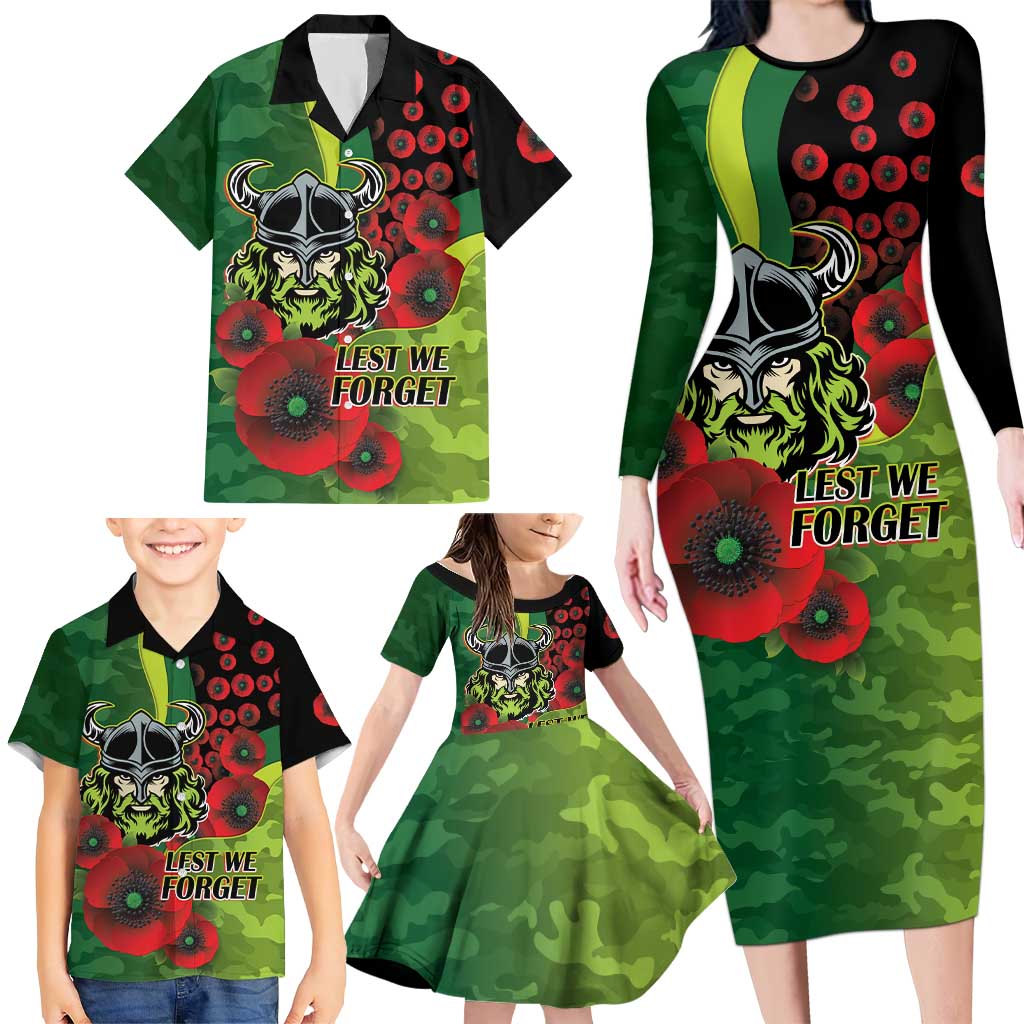 Canberra Raiders ANZAC Personalised Family Matching Long Sleeve Bodycon Dress and Hawaiian Shirt Lest We Forget Poppy Camo