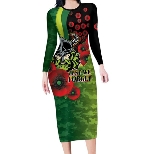 Canberra Raiders ANZAC Personalised Family Matching Long Sleeve Bodycon Dress and Hawaiian Shirt Lest We Forget Poppy Camo