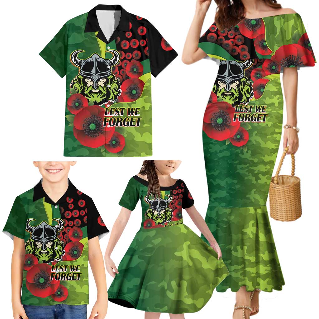 Canberra Raiders ANZAC Personalised Family Matching Mermaid Dress and Hawaiian Shirt Lest We Forget Poppy Camo