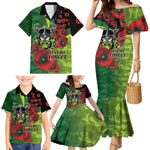 Canberra Raiders ANZAC Personalised Family Matching Mermaid Dress and Hawaiian Shirt Lest We Forget Poppy Camo
