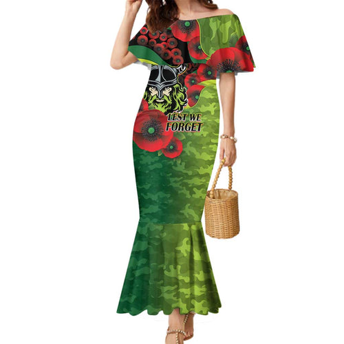 Canberra Raiders ANZAC Personalised Family Matching Mermaid Dress and Hawaiian Shirt Lest We Forget Poppy Camo