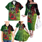 Canberra Raiders ANZAC Personalised Family Matching Off The Shoulder Long Sleeve Dress and Hawaiian Shirt Lest We Forget Poppy Camo