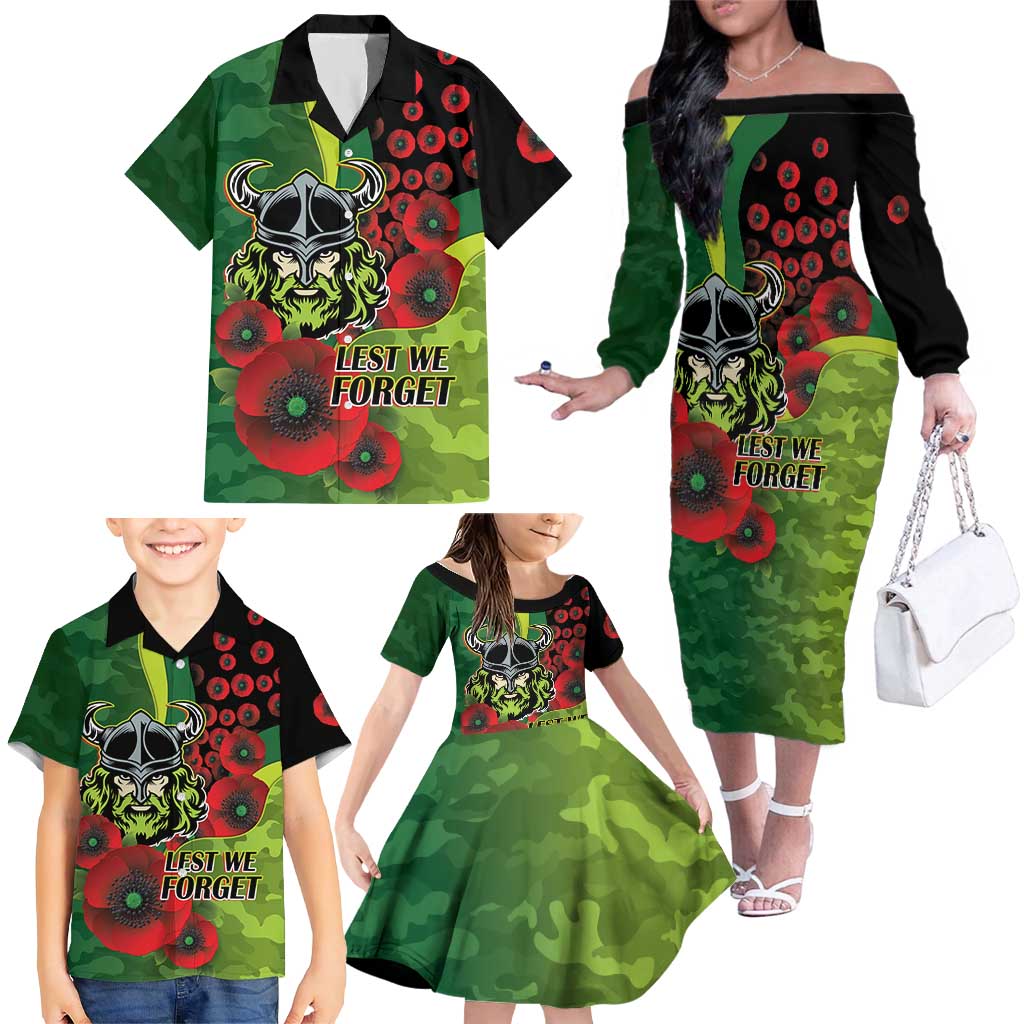 Canberra Raiders ANZAC Personalised Family Matching Off The Shoulder Long Sleeve Dress and Hawaiian Shirt Lest We Forget Poppy Camo