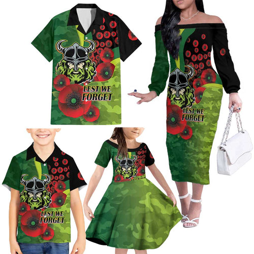 Canberra Raiders ANZAC Personalised Family Matching Off The Shoulder Long Sleeve Dress and Hawaiian Shirt Lest We Forget Poppy Camo