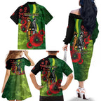 Canberra Raiders ANZAC Personalised Family Matching Off The Shoulder Long Sleeve Dress and Hawaiian Shirt Lest We Forget Poppy Camo
