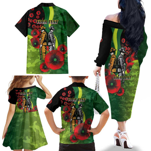 Canberra Raiders ANZAC Personalised Family Matching Off The Shoulder Long Sleeve Dress and Hawaiian Shirt Lest We Forget Poppy Camo