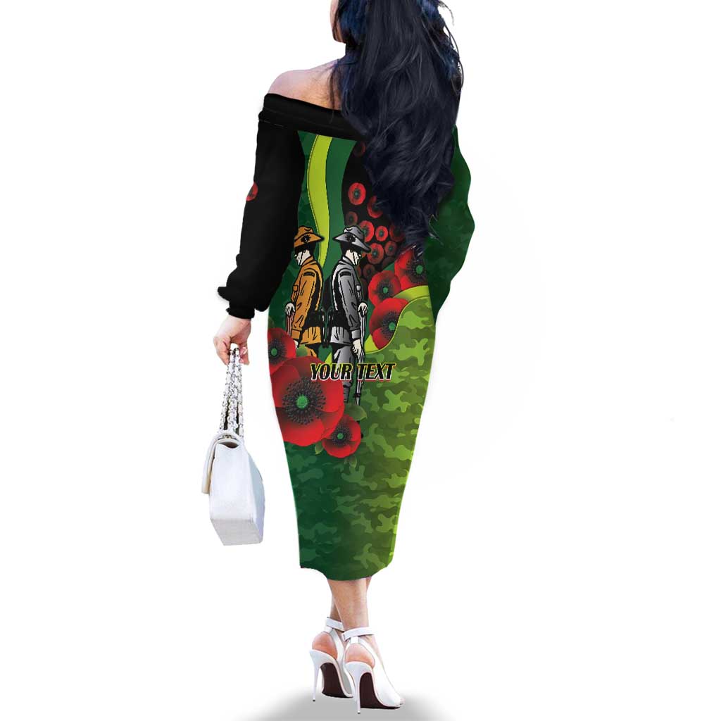 Canberra Raiders ANZAC Personalised Family Matching Off The Shoulder Long Sleeve Dress and Hawaiian Shirt Lest We Forget Poppy Camo