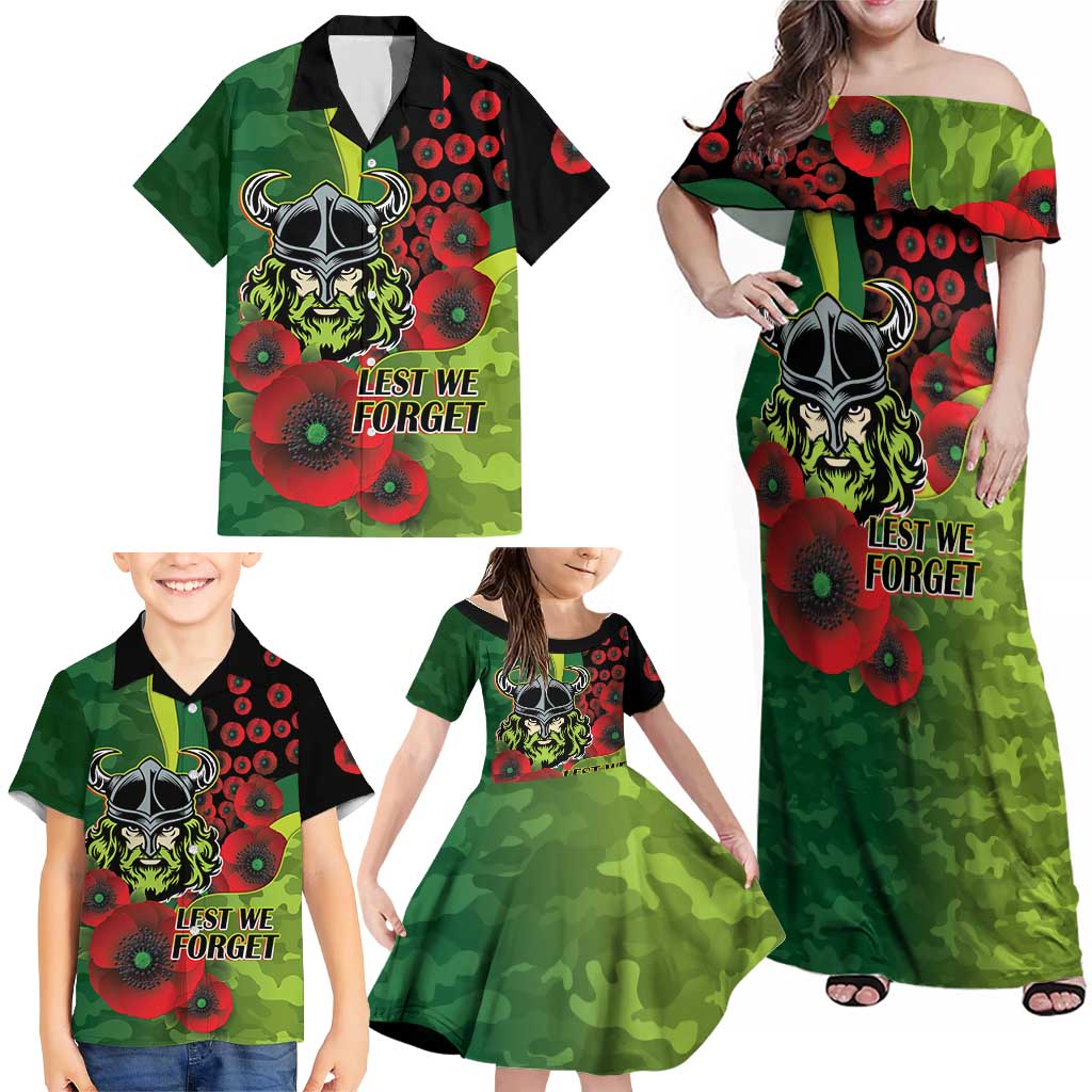 Canberra Raiders ANZAC Personalised Family Matching Off Shoulder Maxi Dress and Hawaiian Shirt Lest We Forget Poppy Camo