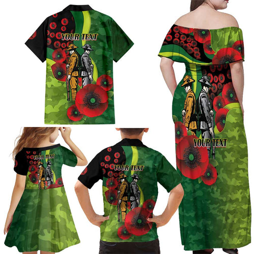 Canberra Raiders ANZAC Personalised Family Matching Off Shoulder Maxi Dress and Hawaiian Shirt Lest We Forget Poppy Camo