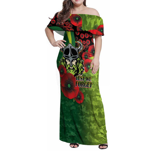 Canberra Raiders ANZAC Personalised Family Matching Off Shoulder Maxi Dress and Hawaiian Shirt Lest We Forget Poppy Camo