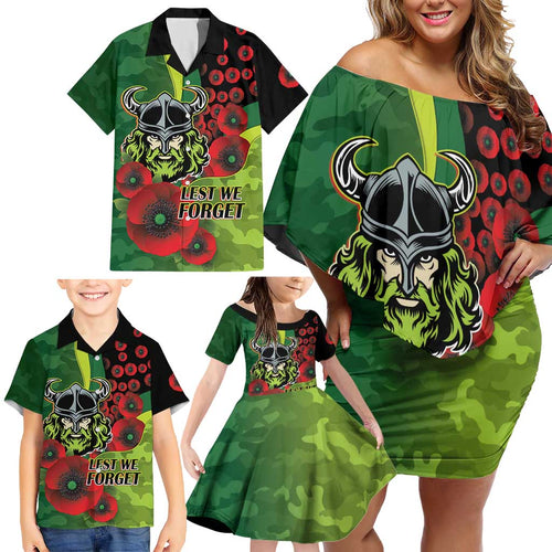 Canberra Raiders ANZAC Personalised Family Matching Off Shoulder Short Dress and Hawaiian Shirt Lest We Forget Poppy Camo