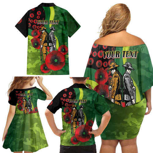 Canberra Raiders ANZAC Personalised Family Matching Off Shoulder Short Dress and Hawaiian Shirt Lest We Forget Poppy Camo