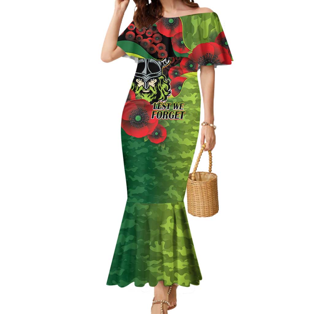 Canberra Raiders ANZAC Personalised Mermaid Dress Lest We Forget Poppy Camo