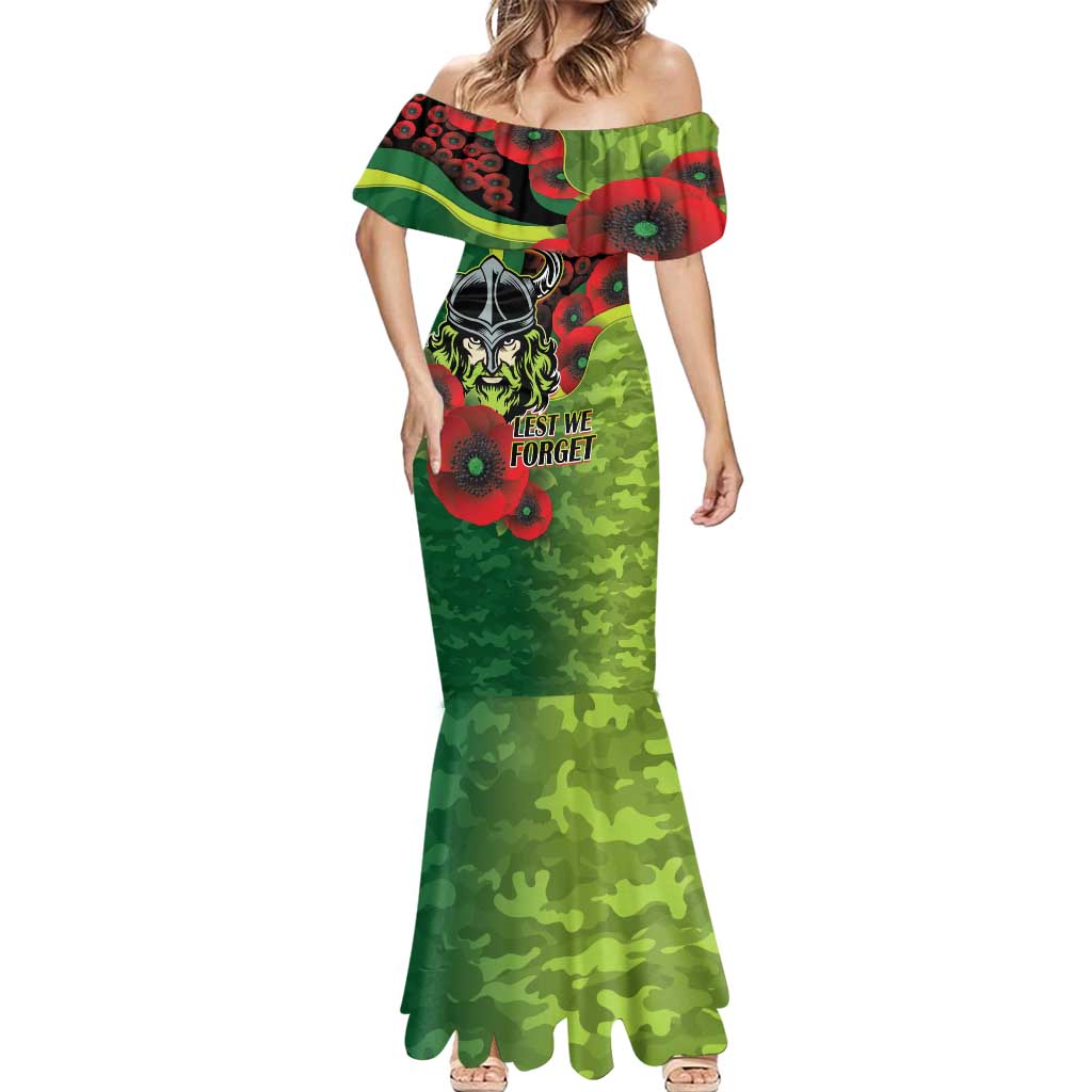 Canberra Raiders ANZAC Personalised Mermaid Dress Lest We Forget Poppy Camo