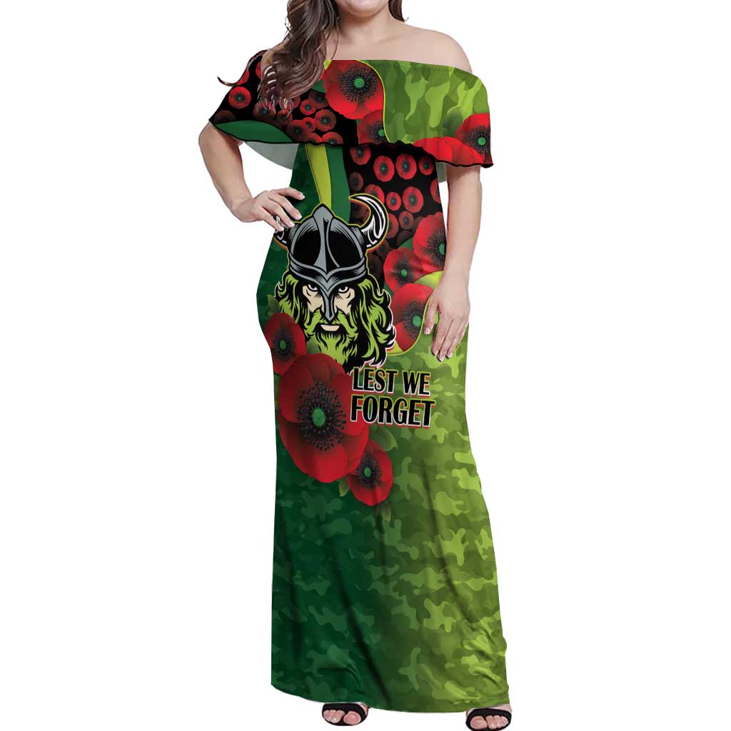 Canberra Raiders ANZAC Personalised Off Shoulder Maxi Dress Lest We Forget Poppy Camo