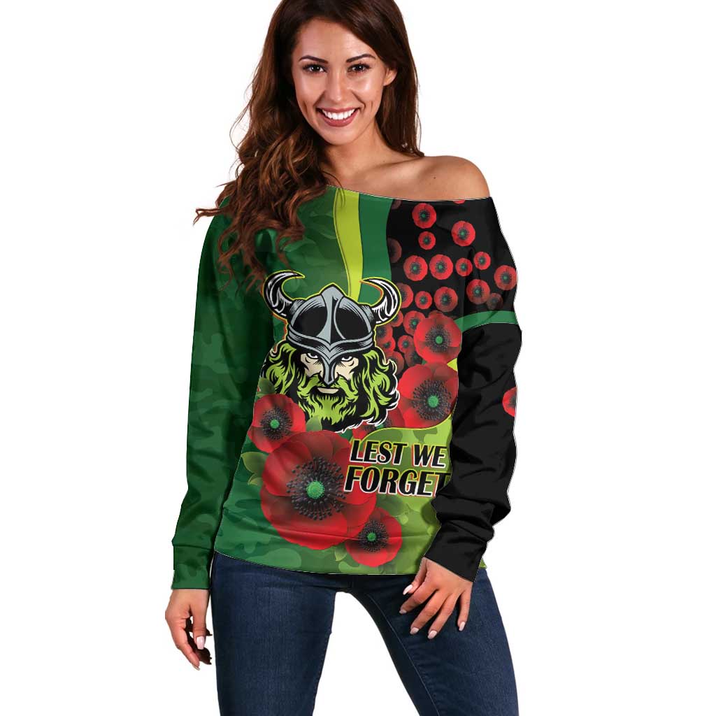 Canberra Raiders ANZAC Personalised Off Shoulder Sweater Lest We Forget Poppy Camo
