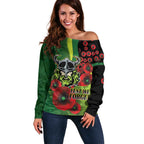 Canberra Raiders ANZAC Personalised Off Shoulder Sweater Lest We Forget Poppy Camo