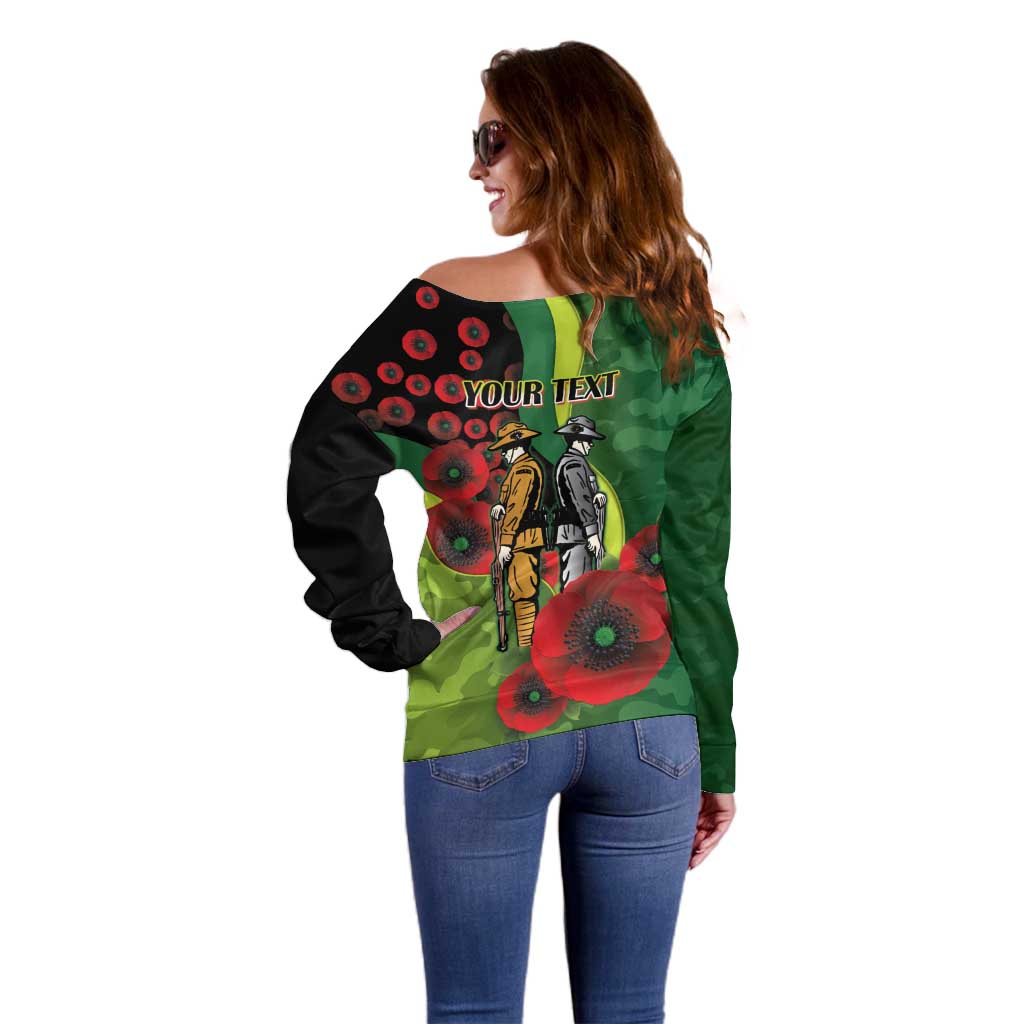 Canberra Raiders ANZAC Personalised Off Shoulder Sweater Lest We Forget Poppy Camo