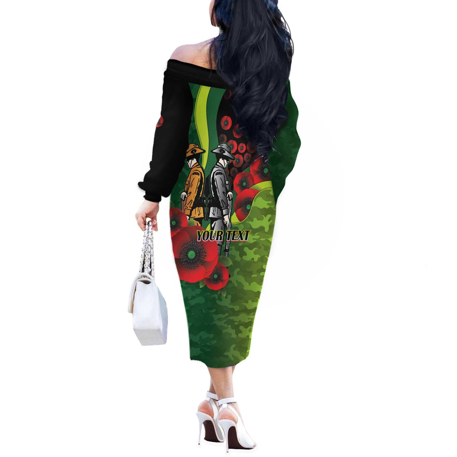 Canberra Raiders ANZAC Personalised Off The Shoulder Long Sleeve Dress Lest We Forget Poppy Camo
