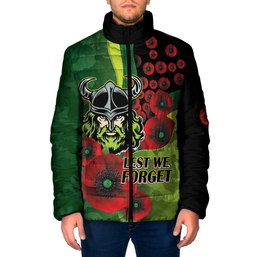 Canberra Raiders ANZAC Personalised Padded Jacket Lest We Forget Poppy Camo