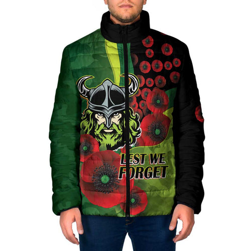 Canberra Raiders ANZAC Personalised Padded Jacket Lest We Forget Poppy Camo