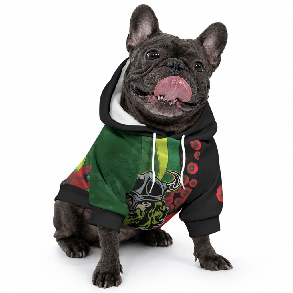Canberra Raiders ANZAC Personalised Pet Hoodie Lest We Forget Poppy Camo