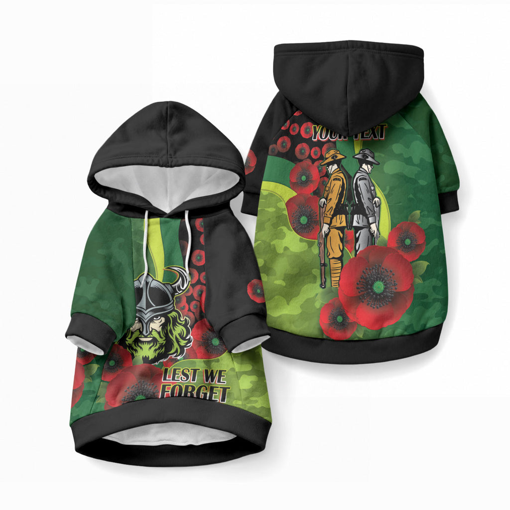Canberra Raiders ANZAC Personalised Pet Hoodie Lest We Forget Poppy Camo
