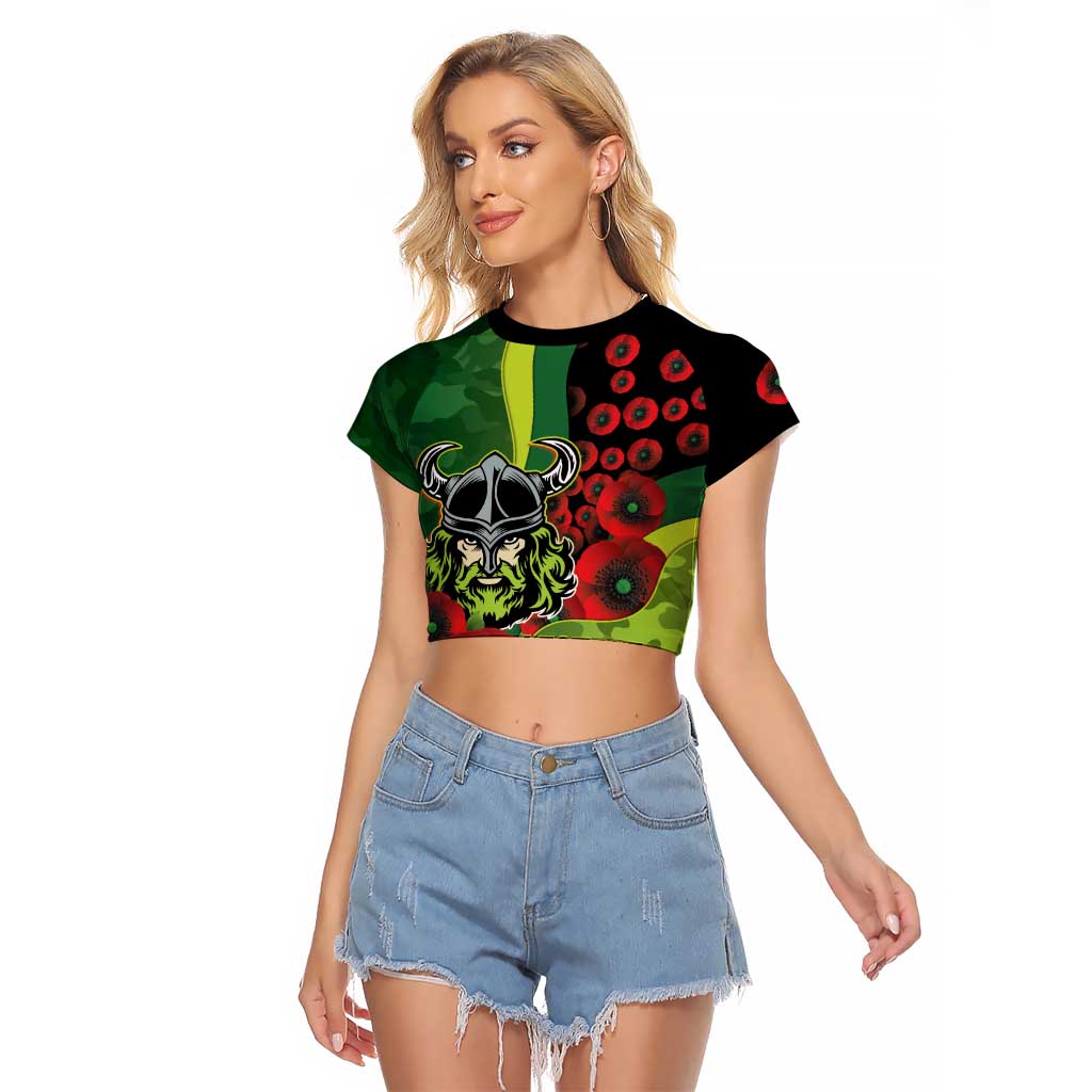Canberra Raiders ANZAC Personalised Raglan Cropped T Shirt Lest We Forget Poppy Camo