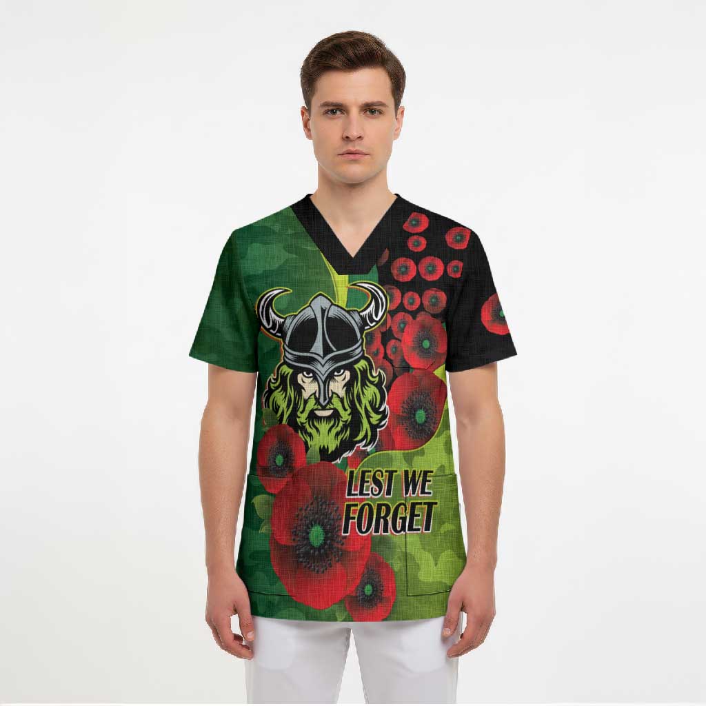 Canberra Raiders ANZAC Personalised Scrub Top Lest We Forget Poppy Camo
