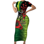 Canberra Raiders ANZAC Personalised Short Sleeve Bodycon Dress Lest We Forget Poppy Camo