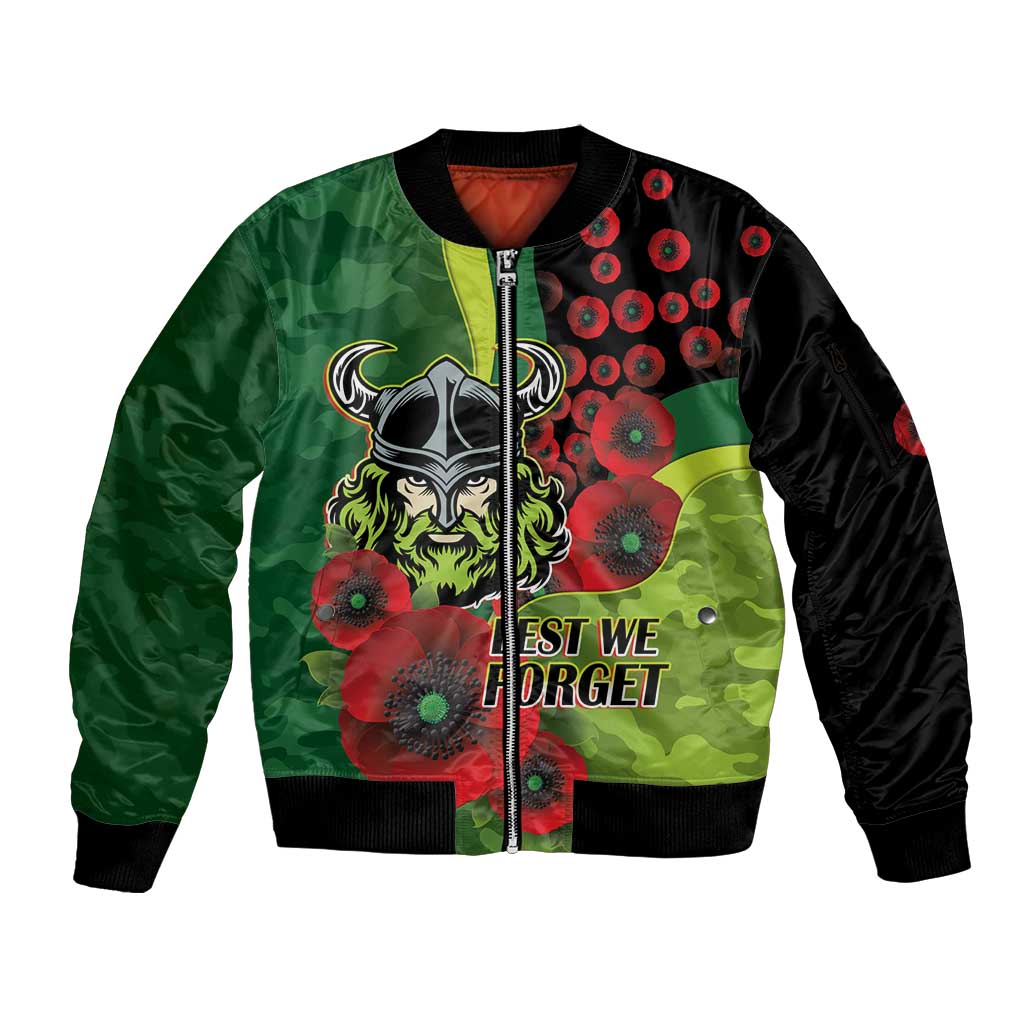 Canberra Raiders ANZAC Personalised Sleeve Zip Bomber Jacket Lest We Forget Poppy Camo